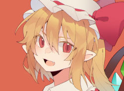 Rule 34 | 1girl, blonde hair, bow, commentary request, fang, flandre scarlet, hair between eyes, hat, hat bow, highres, liangyilin, looking at viewer, medium hair, mob cap, one side up, open mouth, pointy ears, portrait, red background, red bow, red eyes, slit pupils, smile, solo, touhou, white hat