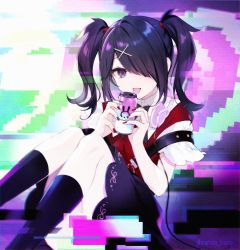 Rule 34 | 1girl, ame-chan (needy girl overdose), black hair, black nails, black skirt, can, censored, glitch, glitch censor, hair ornament, hair over one eye, holding, holding can, kneehighs, multicolored nails, nail polish, needy girl overdose, one eye covered, red nails, short sleeves, sitting, skirt, socks, suspender skirt, suspenders, tongue, tongue out, tsunako, twintails, twitter username, x hair ornament
