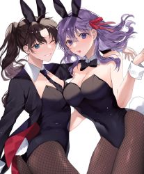 Rule 34 | 2girls, animal ears, ass, between breasts, black hair, black jacket, black leotard, black neckwear, blue eyes, bow, breasts, bunny day, cleavage, detached collar, fake animal ears, fate/stay night, fate (series), fishnet legwear, fishnets, hair ribbon, highres, jacket, large breasts, leotard, long hair, looking at viewer, matou sakura, medium breasts, multiple girls, necktie, necktie between breasts, one eye closed, open clothes, open jacket, open mouth, pantyhose, parted lips, playboy bunny, ponytail, purple eyes, purple hair, rabbit ears, rabbit tail, red ribbon, ribbon, shimatori (sanyyyy), siblings, sisters, smile, tail, tohsaka rin, wrist cuffs