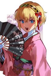 Rule 34 | 1girl, aegis (persona), android, blonde hair, blue eyes, bow, floral print, folding fan, hand fan, highres, holding, holding fan, japanese clothes, joowon (jju oon), kimono, looking at viewer, obi, open mouth, persona, persona 3, pink kimono, red bow, sash, short hair, simple background, solo