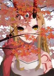 Rule 34 | 1girl, absurdres, autumn leaves, bare shoulders, black nails, blonde hair, branch, eyeliner, facial mark, fate/grand order, fate (series), forehead mark, highres, horns, ibaraki douji (fate), long hair, looking at viewer, makeup, oni, oni horns, pointy ears, solo, terasako, upper body, yellow eyes