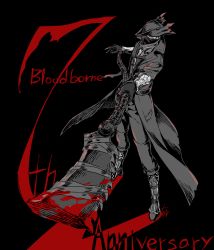 Rule 34 | 1other, ambiguous gender, arizuka (catacombe), black background, bloodborne, boots, coat, copyright name, full body, gloves, hat, highres, holding, holding weapon, looking at viewer, mask, mouth mask, open clothes, open coat, pants, red background, saw, saw cleaver, standing, tricorne, weapon