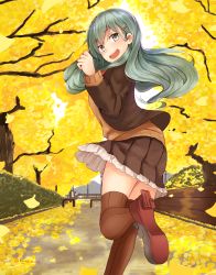 Rule 34 | 1girl, :d, aqua hair, autumn, autumn leaves, bad id, bad pixiv id, bench, blazer, blush, brown eyes, brown jacket, brown skirt, brown thighhighs, day, foreshortening, frilled skirt, frills, from behind, hair ornament, hairclip, jacket, kantai collection, long hair, long sleeves, looking back, narushima kanna, open clothes, open jacket, open mouth, outdoors, pleated skirt, red footwear, road, round teeth, running, school uniform, shoe soles, shoes, skirt, smile, solo focus, street, suzuya (kancolle), teeth, thighhighs, tree, twitter username, zettai ryouiki