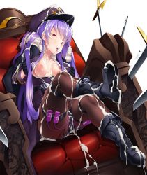 Rule 34 | 1girl, ass, boots, breasts, cum, facial, female focus, hat, highres, lilith-soft, looking at viewer, nipples, no bra, noel renoir, potion (moudamepo), purple hair, red eyes, sex toy, shorts, simple background, sitting, smile, sword, taimanin (series), taimanin asagi, taimanin asagi kessen arena, uniform, vibrator, weapon, white background