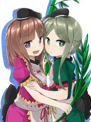 Rule 34 | 2girls, bamboo, black hat, blush, branch, brown hair, colored shadow, commentary request, frilled sleeves, frills, from side, green eyes, green hair, hat, highres, holding, holding branch, leaf, looking at viewer, multiple girls, nishida satono, open mouth, parted bangs, puffy short sleeves, puffy sleeves, purple eyes, shadow, short hair with long locks, short sleeves, sidelocks, tate eboshi, teireida mai, touhou, tyouseki, white background