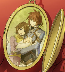 Rule 34 | 00s, 1girl, 2boys, anna irving, baby, baby carry, brown eyes, brown hair, carrying, family, father and son, jewelry, kratos aurion, lloyd irving, locket, mother and son, multiple boys, official alternate costume, pendant, portrait, red background, red eyes, red hair, shimabara, sio vanilla, spoilers, tales of (series), tales of symphonia