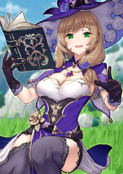 Rule 34 | 1girl, belt, black gloves, black thighhighs, blue sky, book, breasts, cleavage, cloud, commentary request, day, floating, floating book, floating object, genshin impact, gloves, grass, green eyes, hat, lisa (genshin impact), looking at viewer, medium breasts, open mouth, outdoors, pensuke, purple hat, sitting, sky, smile, solo, thighhighs, thighs, vision (genshin impact), witch hat