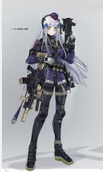 Rule 34 | 1girl, 40mm grenade, 40x46mm lv, 40x46mmsr, absurdres, ammunition, anti-materiel cartridge, assault rifle, black pants, cannon cartridge, commentary, earpiece, explosive, facial mark, flashbang, full body, girls&#039; frontline, gloves, green eyes, grenade, grenade cartridge, grenade launcher, grey background, gun, gun sling, h&amp;k hk269, h&amp;k hk416, hair ornament, hand grenade, hat, headgear, heckler &amp; koch, highres, hk416 (girls&#039; frontline), hk416 (mod3) (girls&#039; frontline), holding, holding gun, holding weapon, jacket, knee pads, knife, knife sheath, large-caliber cartridge, less-than-lethal weapon, long hair, looking at viewer, m320, mini hat, mod3 (girls&#039; frontline), modular weapon system, nslacka, pants, purple jacket, rifle, sheath, shoes, silver hair, simple background, solo, stand-alone configuration, subsonic ammunition, suppressor, transforming weapon, trigger discipline, weapon, white gloves