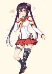 Rule 34 | 1girl, absurdres, black hair, black socks, blush, cosplay, dated, ezusa, flower, hair flower, hair ornament, highres, k-on!, kantai collection, kneehighs, long hair, nakano azusa, petals, red eyes, simple background, single kneehigh, single sock, single thighhigh, socks, solo, taketatsu ayana, thigh strap, thighhighs, twintails, twitter username, very long hair, voice actor connection, yamato (kancolle), yamato (kancolle) (cosplay), z flag