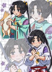 1boy :d animal averting_eyes black_hair blush cropped_torso dog grid_background highres holding holding_animal holding_dog holding_sword holding_weapon houjou_tokiyuki_(nige_jouzu_no_wakagimi) japanese_clothes kariginu katana long_hair long_sleeves male_focus mitsu_uroko motoyui multiple_views nichica_yamada nige_jouzu_no_wakagimi open_mouth parted_bangs ponytail purple_eyes red_sash ribbon-trimmed_sleeves ribbon_trim sash scene_reference shiba_inu sidelocks_tied_back smile star_(symbol) sweatdrop sword very_long_hair wavy_mouth weapon wide_sleeves zoom_layer