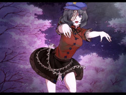 Rule 34 | 1girl, bad id, bad pixiv id, black eyes, black hair, cherry blossoms, face, flower, foreshortening, hat, jiangshi, letterboxed, miyako yoshika, ofuda, open mouth, outstretched arms, petals, short hair, skirt, sky, solo, star (symbol), tomoe (itigo), touhou, tree, zombie, zombie pose