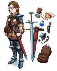 Rule 34 | 1girl, armor, armored boots, bag, beige jacket, belt, belt buckle, boots, bottle, braid, bread, bread crust, brown bag, brown belt, brown hair, buckle, cameron sewell, clenched hands, closed mouth, coin, collar, collared jacket, equipment, equipment layout, food, forehead, frown, full body, gem, gold coin, green eyes, hair between eyes, highres, jacket, knee pads, knife, leather bag, leather belt, liquid, long hair, long sleeves, looking away, looking to the side, money, original, pouch, sheath, sheathed, shoulder armor, silver coin, simple background, solo, standing, sword, thick eyebrows, water, weapon, white background