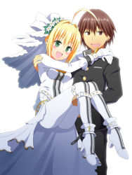 Rule 34 | 10s, 1boy, 1girl, :d, ahoge, ankle cuffs, arm around back, arm around neck, ass, belt, belt skirt, black eyes, black hair, black jacket, black pants, blazer, blonde hair, blush, bodysuit, bow, breasts, bridal veil, buckle, buttons, carrying, chain, couple, fate/extra, fate/extra ccc, fate (series), flower, flower wreath, full-length zipper, full body, gakuran, gloves, green eyes, hair between eyes, hair flower, hair intakes, hair ornament, hand on another&#039;s shoulder, happy, head tilt, head wreath, hetero, high collar, high heels, jacket, kishinami hakuno (male), knees together feet apart, lock, long sleeves, looking at viewer, medium breasts, nero claudius (bride) (fate), nero claudius (fate), nero claudius (fate) (all), nero claudius (fate/extra), ookami maito, open mouth, outstretched arms, own hands together, padlock, pants, pocket, princess carry, raised eyebrow, school uniform, short hair, short hair with long locks, showgirl skirt, sidelocks, skirt, smile, standing, studded belt, thigh strap, veil, white bow, white flower, white gloves, white skirt, wrist cuffs, zipper