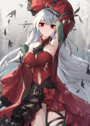 Rule 34 | 1girl, arknights, arm up, armpits, asicah, bare shoulders, black ribbon, breasts, commentary, cowboy shot, dress, highres, leg ribbon, long hair, long sleeves, looking at viewer, medium breasts, navel, no headwear, official alternate costume, red dress, red eyes, revision, ribbon, silver hair, skadi (arknights), skadi the corrupting heart (arknights), solo, standing, thighs, very long hair, wide sleeves
