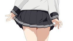 Rule 34 | 1girl, ass, ass focus, black skirt, commentary request, from behind, inazuma (kancolle), kantai collection, lower body, miniskirt, pleated skirt, shirt, simple background, skirt, skirt hold, solo, sugapi, thighs, white background, white shirt