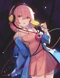Rule 34 | 1girl, :p, alternate costume, bare shoulders, blue jacket, candy, choker, collarbone, cowboy shot, dress, dutch angle, eyeball, falken (yutozin), food, halterneck, headphones, highres, holding, holding candy, holding food, holding lollipop, jacket, komeiji satori, lollipop, long sleeves, looking at viewer, off shoulder, photoshop (medium), pink dress, pink eyes, pink hair, revision, short dress, solo, third eye, tongue, tongue out, touhou