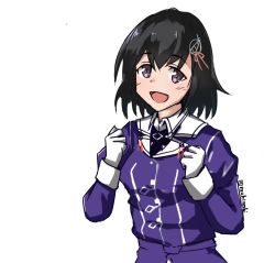 Rule 34 | 1girl, black hair, brown eyes, commentary request, haguro (kancolle), haguro kai ni (kancolle), hair ornament, kantai collection, looking at viewer, makinoki, military, military uniform, one-hour drawing challenge, purple shirt, shirt, short hair, simple background, smile, solo, uniform, upper body, white background