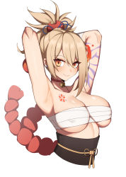 Rule 34 | 1girl, arm tattoo, armpits, arms behind head, arms up, blonde hair, breast tattoo, breasts, chest tattoo, choker, collarbone, commentary request, covered erect nipples, cropped torso, genshin impact, hanenosaki, highres, impossible clothes, large breasts, lips, looking at viewer, medium hair, obi, parted lips, ponytail, red choker, sarashi, sash, simple background, smile, solo, tattoo, upper body, white background, yellow eyes, yoimiya (genshin impact)