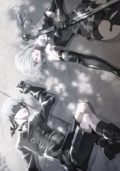 Rule 34 | 1boy, 1girl, 9s (nier:automata), a2 (nier:automata), black blindfold, black choker, black jacket, black shorts, blindfold, breasts, choker, dappled sunlight, elbow gloves, gloves, grey hair, highres, holding, holding sword, holding weapon, jacket, key visual, lying, mole, mole under mouth, nier:automata, nier (series), official art, on back, parted lips, promotional art, short hair, shorts, small breasts, sunlight, sword, torn clothes, unconscious, weapon