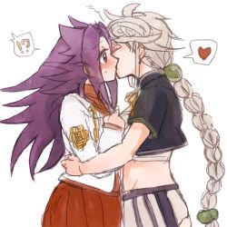 Rule 34 | !?, 10s, 2girls, aozi seizi, bad id, bad twitter id, blush, braid, closed eyes, cloud print, crop top, french kiss, from side, heart, hug, japanese clothes, jun&#039;you (kancolle), kantai collection, kiss, long hair, looking at another, midriff, miniskirt, multiple girls, purple eyes, purple hair, silver hair, simple background, single braid, sketch, skirt, spoken heart, surprised, unryuu (kancolle), very long hair, white background, yuri