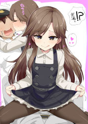 Rule 34 | 1boy, 1girl, :q, admiral (kancolle), arashio (kancolle), assertive female, belt, black dress, brown eyes, brown hair, brown pantyhose, child, closed eyes, commentary request, dress, faceless, faceless male, frilled dress, frills, girl on top, hetero, highres, kantai collection, kiss, kissing cheek, kusaka souji, long hair, long sleeves, multiple views, open mouth, pantyhose, pinafore dress, pov, profile, remodel (kantai collection), school uniform, shirt, sleeveless dress, straddling, tongue, tongue out, translation request, wavy mouth, white shirt