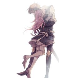 Rule 34 | 1girl, ahoge, bad id, bad twitter id, bare shoulders, chibi, closed eyes, detached sleeves, father and daughter, fingerless gloves, fire emblem, fire emblem fates, gloves, hairband, headband, long hair, nintendo, open mouth, purple hair, smile, soleil (fire emblem), solo, sword, thighhighs, weapon