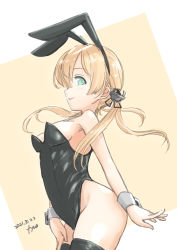 Rule 34 | 1girl, absurdres, alternate costume, anchor hair ornament, animal ears, aqua eyes, black thighhighs, blonde hair, breasts, cowboy shot, dated, fake animal ears, fyuo, hair ornament, highres, kantai collection, leotard, long hair, looking at viewer, one-hour drawing challenge, playboy bunny, prinz eugen (kancolle), rabbit ears, rabbit tail, small breasts, solo, tail, thighhighs, tongue, tongue out, twintails, twitter username, wrist cuffs