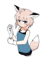 Rule 34 | 1girl, ahoge, animal ears, arknights, bare shoulders, black skirt, blue eyes, blue tank top, blush, brown hair, clenched teeth, commentary request, cropped legs, fox ears, fox girl, fox tail, glove pull, gloves, hair between eyes, kamihine, looking at viewer, parted lips, simple background, skirt, solo, sussurro (arknights), tail, tank top, teeth, v-shaped eyebrows, white background, white gloves