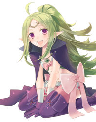Rule 34 | 1girl, ahoge, arm support, belt, bikini, bikini top only, blush, boots, bow, cape, circlet, colored eyelashes, dragon girl, eyelashes, fire emblem, fire emblem awakening, garter straps, gloves, green hair, heart, jewelry, kiyuu, leaning, leaning forward, long hair, looking at viewer, midriff, monster girl, navel, necklace, nintendo, nowi (fire emblem), open mouth, parted bangs, pendant, pink thighhighs, pointy ears, ponytail, purple eyes, purple gloves, seiza, short shorts, shorts, simple background, sitting, smile, solo, swimsuit, thigh boots, thighhighs, white background, zettai ryouiki