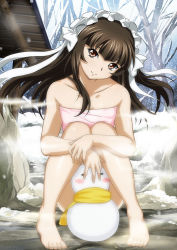 Rule 34 | 1girl, bare arms, bare legs, barefoot, blue eyes, brown eyes, brown hair, closed mouth, collarbone, day, flat chest, floating hair, head tilt, ikkitousen, long hair, looking at viewer, naked towel, outdoors, sitting, smile, snow, snowing, snowman, solo, steam, ten&#039;i (ikkitousen), towel, very long hair, winter