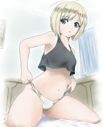 Rule 34 | 1girl, absurdres, blonde hair, blue eyes, blush, erica hartmann, highres, panties, short hair, solo, strike witches, underwear, white panties, world witches series