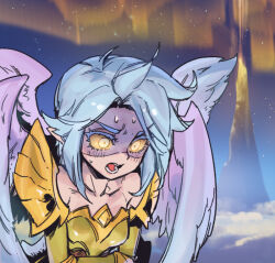 Rule 34 | 1girl, armor, bare shoulders, breasts, cloud, collarbone, colored sclera, glowing, glowing eyes, gold armor, grey hair, kayle (league of legends), league of legends, mountain, night, open mouth, orange sclera, outdoors, phantom ix row, pointy ears, short hair, sky, small breasts, solo, star (sky), starry sky, sweat, teeth, tongue, upper body, wings, yellow eyes