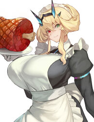 Rule 34 | 1girl, apron, barghest (fate), barghest (swimsuit archer) (fate), barghest (swimsuit archer) (second ascension) (fate), black dress, blonde hair, boned meat, breasts, collared dress, dress, fate/grand order, fate (series), food, genshu doki, gloves, green eyes, heterochromia, highres, horns, huge breasts, long sleeves, looking at viewer, maid, maid headdress, meat, medium hair, plate, red eyes, smile, solo, white apron, white gloves