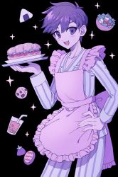 Rule 34 | 1boy, :d, absurdres, apron, azen (mntimcczgrtn), back bow, blue eyes, blue hair, blush stickers, bow, collarbone, cookie, drink, eggplant, eyebrows, food, frills, hand on own hip, hero (headspace) (omori), hero (omori), highres, holding, holding tray, long sleeves, looking at viewer, male focus, omori, onigiri, open mouth, pajamas, salad, sandwich, short hair, smile, solo, sparkle, striped clothes, striped pajamas, submarine sandwich, tray, v-shaped eyebrows