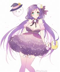 Rule 34 | 10s, 1girl, bare shoulders, blush, breasts, cleavage, dress, female focus, green eyes, jewelry, large breasts, long hair, looking at viewer, love live!, love live! school idol festival, love live! school idol project, moon, moorina, purple hair, ribbon, smile, solo, thighhighs, tojo nozomi, twintails