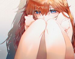 Rule 34 | 1girl, artist request, ass, blue eyes, blush, brown hair, completely nude, covering privates, embarrassed, fetal position, hair over breasts, long hair, looking at viewer, neon genesis evangelion, nude, shiny skin, simple background, sitting, solo, souryuu asuka langley, very long hair