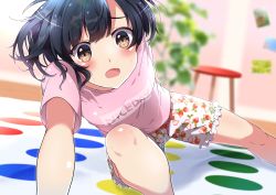 Rule 34 | 1girl, absurdres, bad anatomy, black hair, blurry, blurry background, breasts, brown eyes, food print, highres, indoors, looking at viewer, open mouth, original, pink shirt, pon yui, print shorts, shirt, short hair, shorts, small breasts, solo, stool, strawberry print, sweatdrop, t-shirt, twister