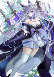 1girl, absurdres, animal ear fluff, animal ears, azur lane, bangs, bare shoulders, blue butterfly, blue collar, blue eyes, blue hair, blue kimono, blunt bangs, breasts, bug, butterfly, cleavage, collar, collarbone, commentary request, eyebrows visible through hair, fox ears, fox girl, hair ornament, hand on own chest, highres, insect, japanese clothes, kimono, kitsune, large breasts, large tail, long hair, looking at viewer, multiple tails, off-shoulder kimono, parted lips, sakura empire (emblem), shinano (azur lane), sidelocks, skindentation, skirt, skirt under kimono, solo, sword, tail, thighhighs, very long hair, weapon, white background, white skirt, white tail, zettai ryouiki, zyousha333