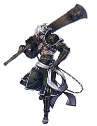 Rule 34 | 1boy, abs, armor, asymmetrical clothes, fingerless gloves, folded ponytail, full body, gloves, greatsword, looking at viewer, nier, nier (old), nier (series), official art, over shoulder, pectorals, sash, shoulder armor, solo, sword, toeless legwear, weapon, weapon over shoulder, white hair, yoshida akihiko