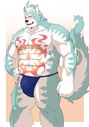 Rule 34 | 1boy, abs, alternate costume, animal ears, bara, blue fur, blue male swimwear, blush, bulge, chest tattoo, embarrassed, feet out of frame, fluffy, fundoshi, furry, furry male, highres, ioenami, japanese clothes, large pectorals, large tail, male focus, male swimwear, muscular, muscular male, navel, nipples, oguchi magami, pectorals, short hair, solo, stomach, tail, tail raised, tattoo, thick thighs, thighs, tokyo houkago summoners, topless male, white fur, wolf boy, wolf ears