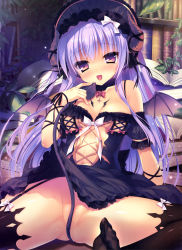 Rule 34 | 1girl, :d, absurdres, black thighhighs, blush, book, bookshelf, breasts, convenient censoring, demon tail, demon wings, garter straps, hair ribbon, hairband, highres, horns, indoors, light purple hair, lolita hairband, looking at viewer, no bra, no panties, open mouth, partially visible vulva, purple eyes, ribbon, rubi-sama, shelf, sitting, smile, solo, spread legs, tail, thighhighs, wings