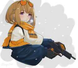 Rule 34 | 1girl, black gloves, blue jacket, blush, brown hair, closed mouth, clothes pull, eyewear on head, girls&#039; frontline, gloves, grizzly mkv (girls&#039; frontline), gun, handgun, holding, holding gun, holding weapon, ingerdoll, jacket, jacket pull, l.a.r. manufacturing, lar grizzly win mag, looking at viewer, medium hair, orange scarf, pistol, purple eyes, scarf, simple background, snowflakes, solo, sweater, twitter username, upper body, weapon, white sweater