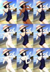 Rule 34 | 1girl, alternate color, another, bare shoulders, beach, black hair, blush, breasts, cloud, dark-skinned female, dark skin, day, eyepatch, fine art parody, hat, misaki mei, non-web source, ocean, one-piece swimsuit, open mouth, outdoors, parody, school swimsuit, short hair, sideboob, sky, small breasts, solo, straw hat, swimsuit, tan, tanline, third-party edit, warhol, water
