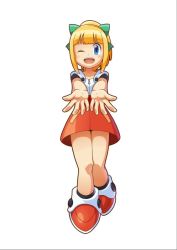 Rule 34 | 1girl, blonde hair, blue eyes, blunt bangs, blush, bow, child, dress, full body, hair bow, hair ornament, hi-go!, long hair, looking at viewer, mega man (classic), mega man (series), mega man 11, one eye closed, open hands, open mouth, ponytail, red dress, red footwear, ribbon, roll (mega man), shoes, simple background, smile, solo