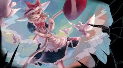 Rule 34 | 1girl, apron, bad id, bird, bow, broken, cloud, commentary, dove, hat, hat ribbon, highres, ijen (ljenejl), kana anaberal, light brown hair, looking at viewer, no entry sign, outdoors, petticoat, puffy short sleeves, puffy sleeves, red bow, ribbon, road sign, short sleeves, sign, sky, solo, sun hat, touhou, touhou (pc-98), white apron