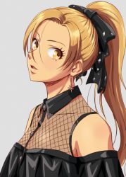 Rule 34 | 1girl, alternate hairstyle, anbj, bare shoulders, black bow, black shirt, blonde hair, bow, breasts, brown eyes, earrings, fishnets, hair bow, idolmaster, idolmaster cinderella girls, jewelry, matsunaga ryo, medium breasts, open mouth, parted lips, ponytail, shirt, solo, upper body