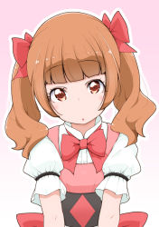 Rule 34 | 1girl, bad id, bad twitter id, blunt bangs, bow, bowtie, brown eyes, brown hair, copyright request, dress, female focus, highres, long hair, looking at viewer, parted lips, pink background, pink dress, puffy short sleeves, puffy sleeves, red bow, red bowtie, shirt, short sleeves, simple background, solo, twintails, upper body, white shirt, yonekura hisaki