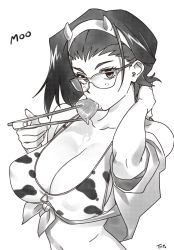 Rule 34 | 1girl, 2021, animal print, bikini, breasts, chinese zodiac, chopsticks, cleavage, commentary, covered erect nipples, cow horns, cow print, cowboy bebop, eating, english commentary, fake horns, faye valentine, fish (food), food, front-tie top, glasses, greyscale, hand in own hair, horns, large breasts, looking at viewer, monochrome, navel, open clothes, open shirt, optionaltypo, over-rim eyewear, print bikini, sashimi, semi-rimless eyewear, short hair, solo, strap gap, swimsuit, upper body, year of the ox