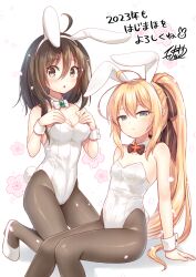 Rule 34 | 2girls, ahoge, animal ears, bare shoulders, black bow, black bowtie, black hair, blonde hair, blue eyes, bow, bowtie, breasts, brown eyes, chinese zodiac, cleavage, collar, commentary request, detached collar, fake animal ears, feet out of frame, fishnet pantyhose, fishnets, floral background, hair between eyes, hairband, half-closed eyes, hands up, high heels, highres, kneeling, leotard, long hair, medium breasts, multiple girls, nakamura hinato, original, pantyhose, playboy bunny, ponytail, rabbit ears, shadow, shoes, sitting, small breasts, strapless, strapless leotard, translation request, very long hair, white background, white bow, white bowtie, white collar, white footwear, white hairband, white leotard, wrist cuffs, year of the rabbit
