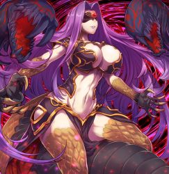 Rule 34 | 1girl, abs, blindfold, breasts, bustier, claws, cleavage, cleavage cutout, clothing cutout, commentary request, covered eyes, dark persona, domino mask, fate/grand order, fate (series), gorgon (fate), hip vent, large breasts, long hair, mask, matsumoto tomoyohi, medusa (fate), medusa (rider) (fate), navel, parted bangs, pelvic curtain, purple hair, rider, scales, sidelocks, solo, teeth